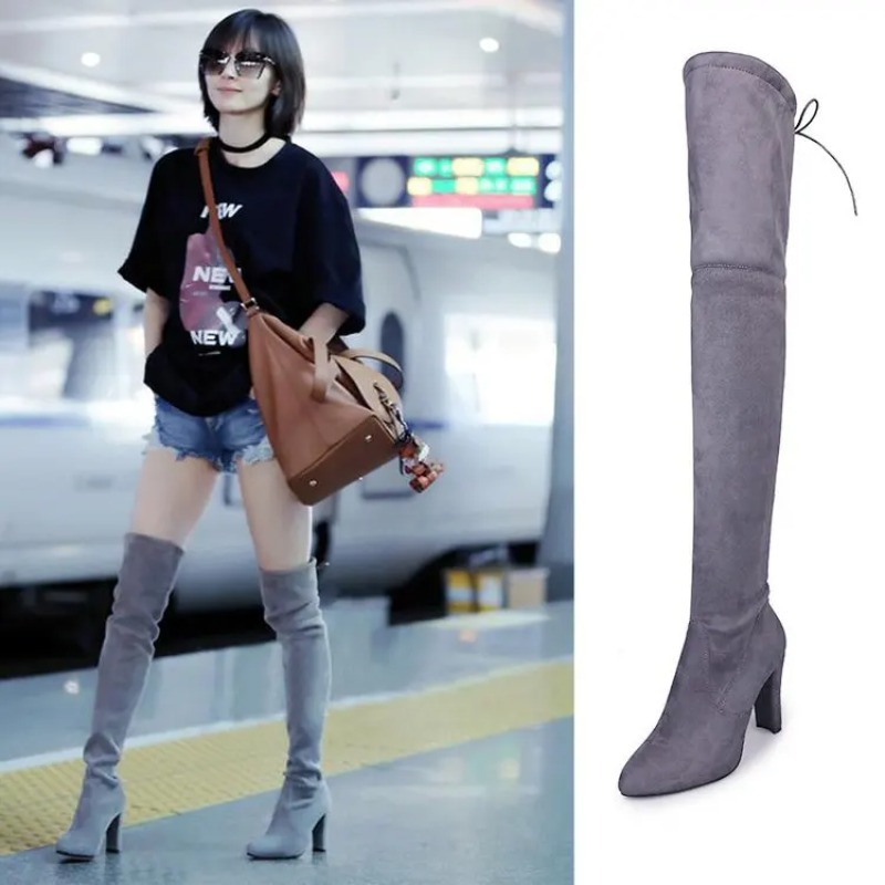 Knee High Sock Women - 新しい欧米スタイルのプラスサイズニーハイブーツ、ハイヒール、ラウンドトゥ、フロスト加工の女性用ブーツ、2026年秋冬