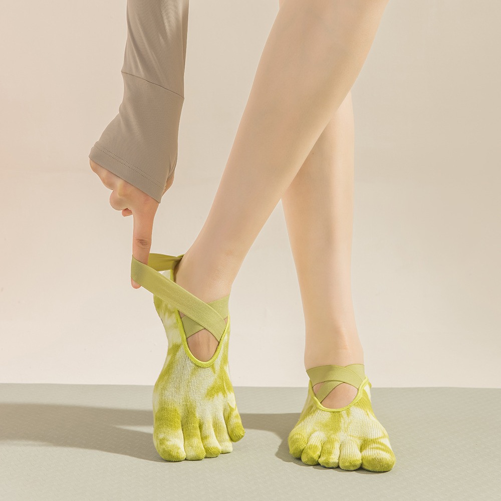 Toe Sock Split - タイダイ柄の女性用5本指グリップソックス、ヨガ、ピラティス、ワークアウト用、分割つま先の滑り止めコットンストラップソックス、バレスタジオ用