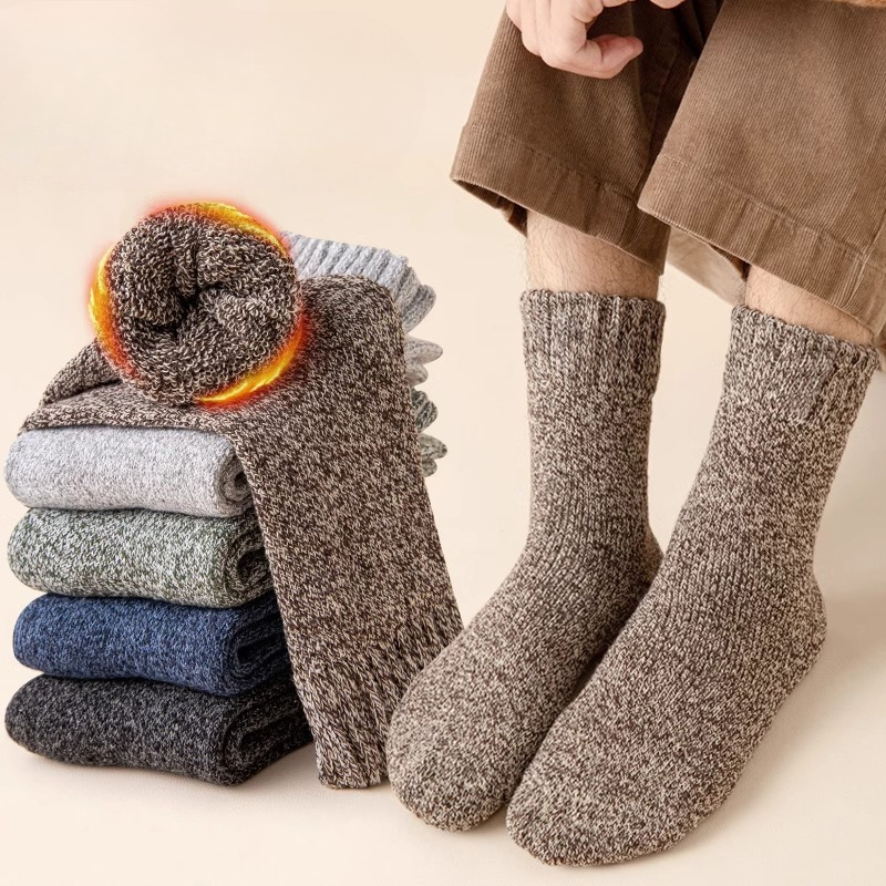 Thermal Sock Winter - 5足組無地柄メンズ・ボーイズ・ガールズ用ミッドカーフコットンソックス、男性用セット、冬用保温ソックス、男性へのギフト、ふわふわソックス2026