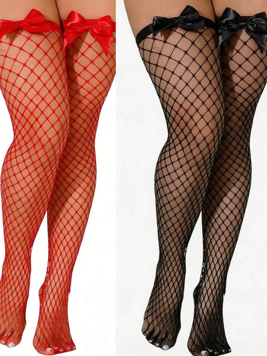 Knee High Sock Women - ボウデコレーションフィッシュネット太もも丈ストッキング、伸縮性のある中空グリッドオーバーニーフィッシュネットソックス、甘くてセクシーなホールドアップメッシュホース