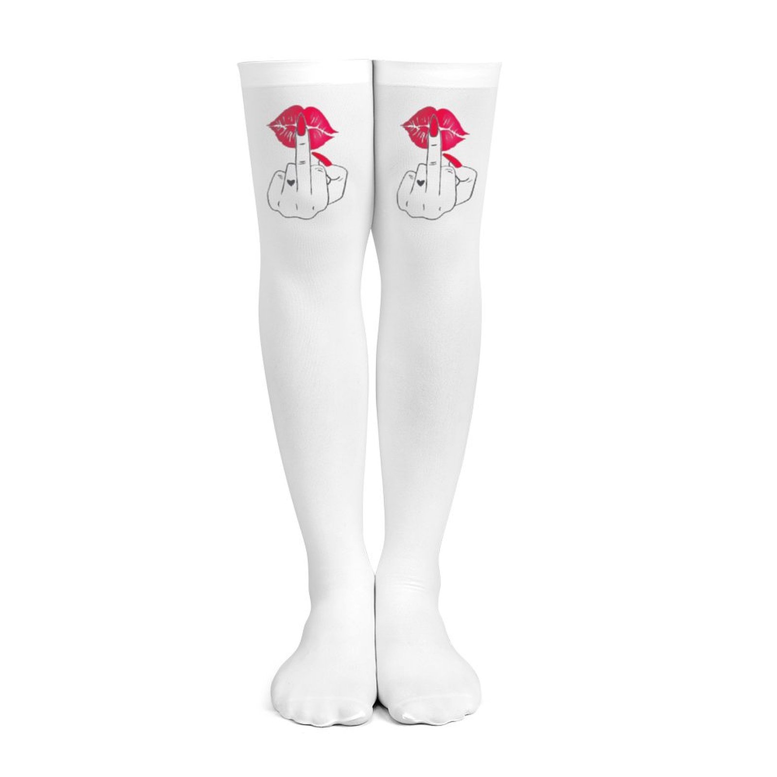 レディース用白い中指模様、赤いリッププリントの太ももソックス - Knee High Sock Women のレビューと価格